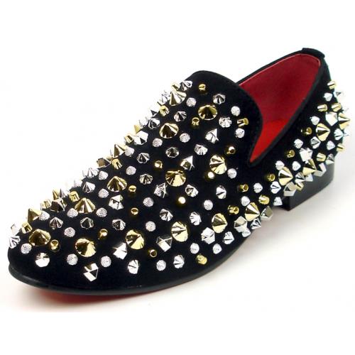 Fiesso Black Genuine Suede Leather Gold /Silver Spiked Loafers FI7436.